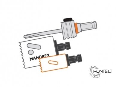 68mm su 73mm įgilintoju ir 83mm TCT gręžimo karūnėlių komplektas su One Click laikikliu ir centravimo grąžtais, Mandrex