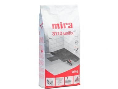Balti ir elastingi plytelių klijai Mira 3110 Unifix C2TE S1, 25 kg Balti ir elastingi plytelių klijai Mira 3110 Unifix C2TE S1, 25 kg