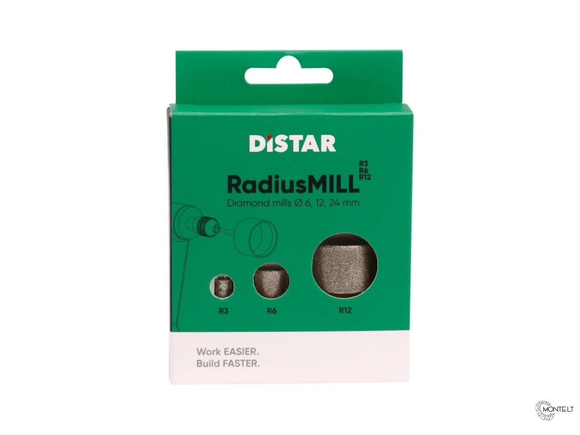 Deimantinių šlifavimo frezų plytelėms rinkinys 3, 6 ir 12 mm spinduliams, RadiusMILL, Distar 4 Deimantinių šlifavimo frezų plytelėms rinkinys 3, 6 ir 12 mm spinduliams, RadiusMILL, Distar 4
