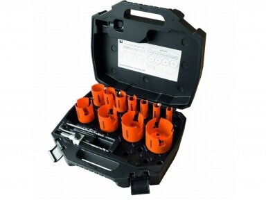 Elektriko rinkinys lagaminėlyje 7 vnt. TCT kietmetalio karūnėlių 22, 32, 35, 44, 51, 57, 60, 68, 76, 83mm, Mandrex Elektriko rinkinys lagaminėlyje 7 vnt. TCT kietmetalio karūnėlių 22, 32, 35, 44, 51, 57, 60, 68, 76, 83mm, Mandrex